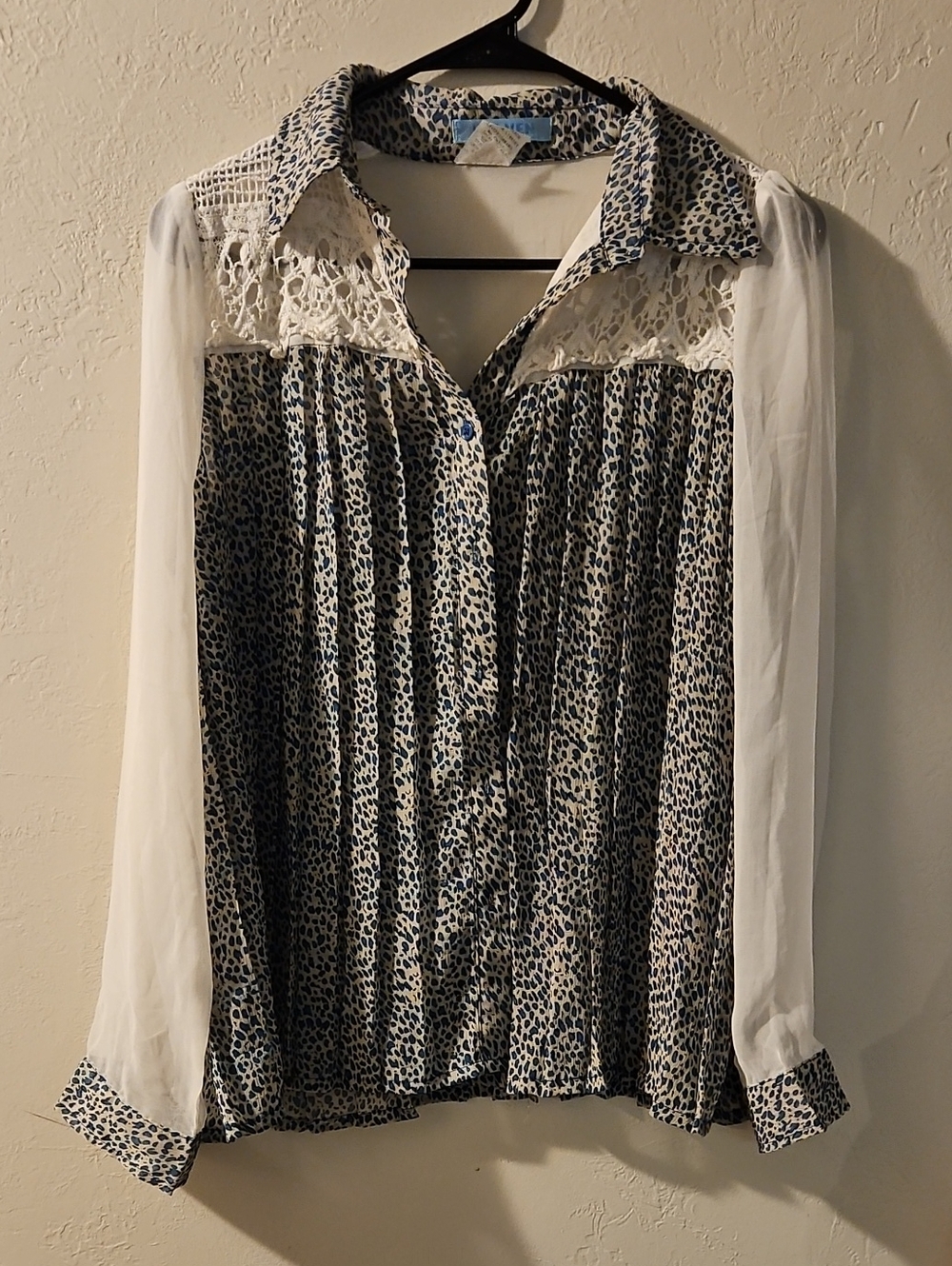 Button-Down Lace Yoke Blouse in White and Black Leopard